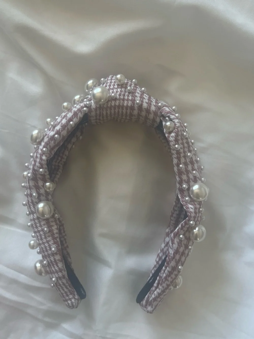Lele Sadoughi Pink Tweed Headband with Pearl Accents